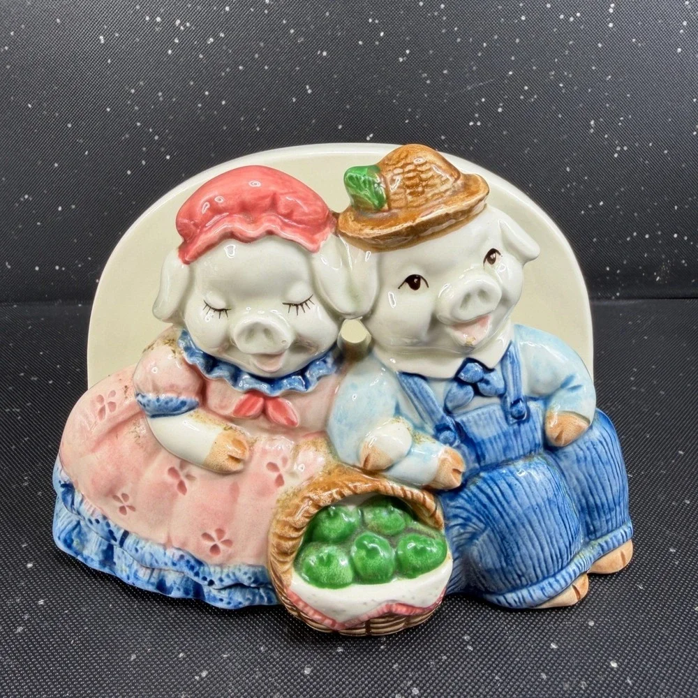 Vintage Otagiri Japan Ceramic Pig Couple Napkin Holder Hand Painted Farmhouse